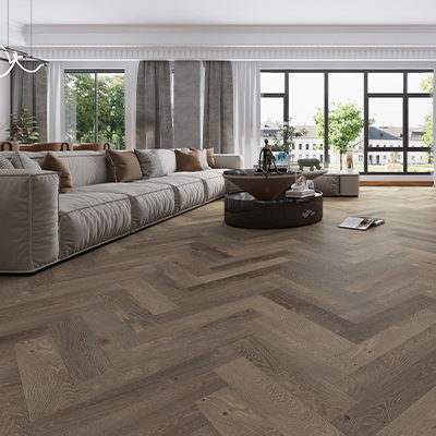 herringbone wood flooring in living room area
